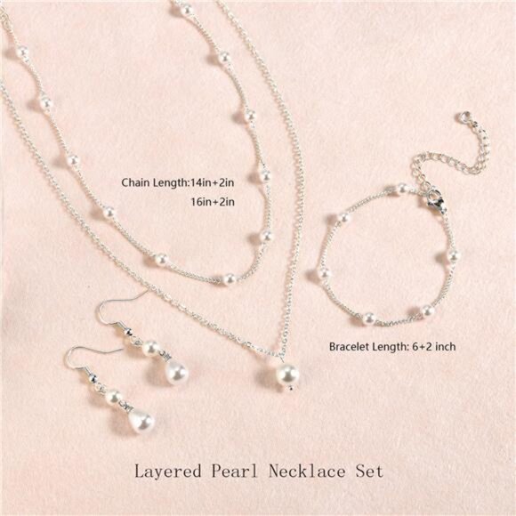 Pearl Layered Choker Necklace earrings bracelet set for women wedding jewelry - Picture 6 of 7